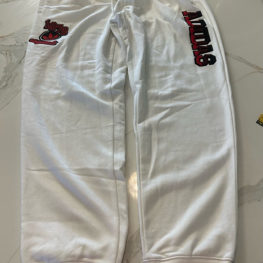 adidas White Sweatpants with Red and Black Accents